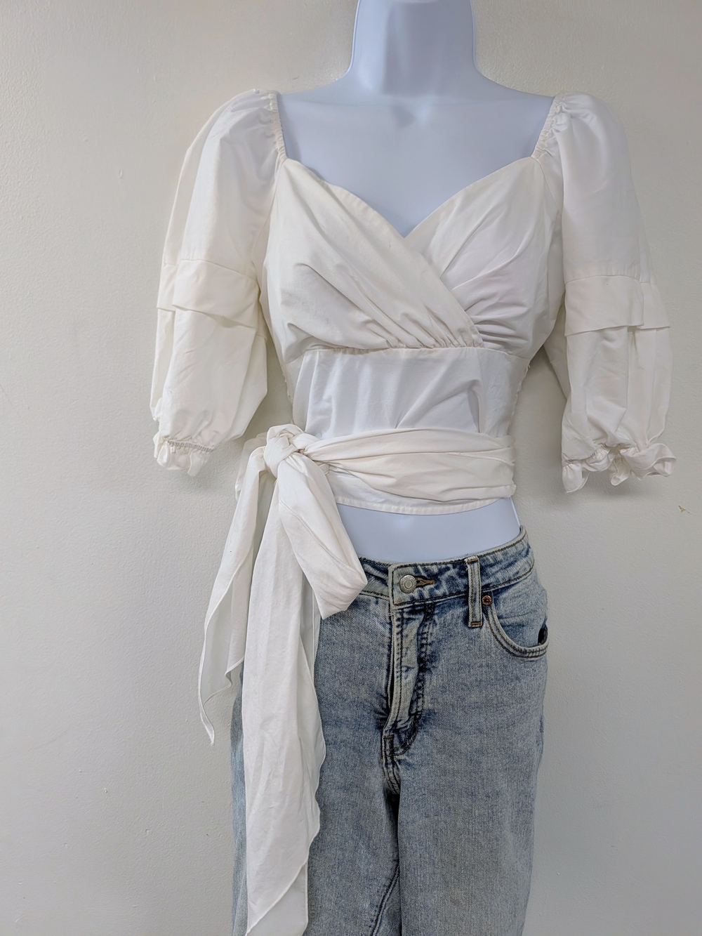 New York & Company Cream Wrap Tie Puff Sleeve Blouse